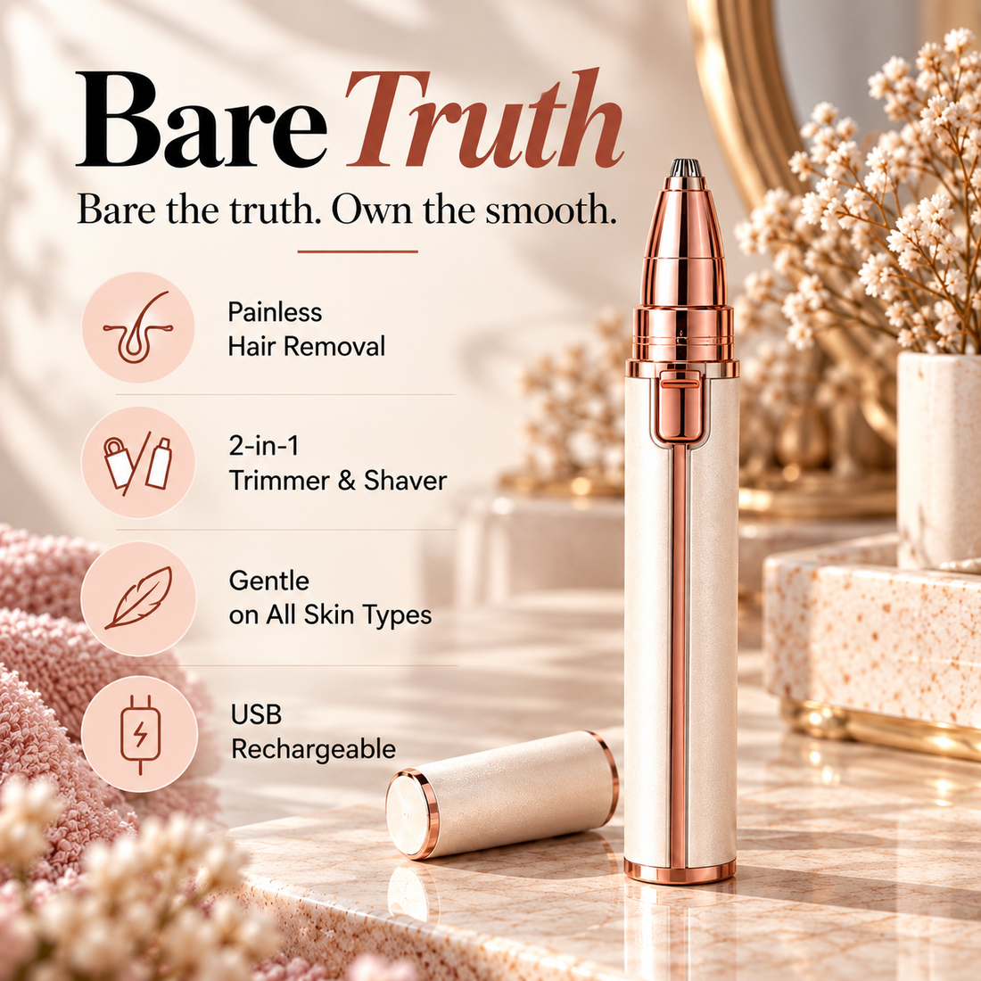 Bare Trimmer®   2-in-1 Rechargeable Facial Hair Remover